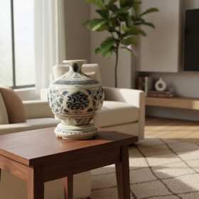 Bảo Bình Sứ Vẽ Lam Hoa Mẫu Đơn Hồi Văn Cổ Điển