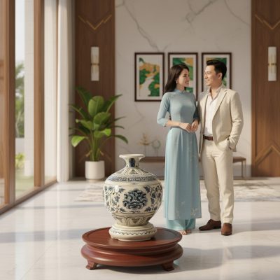 Bảo Bình Sứ Vẽ Lam Hoa Mẫu Đơn đặt trang trọng ...