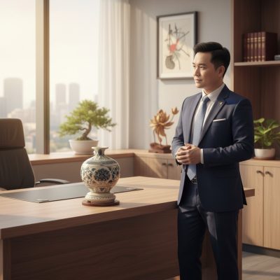 Bảo Bình Sứ Vẽ Lam Hoa Mẫu Đơn đặt trên bàn làm...