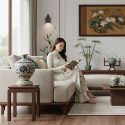 Bảo Bình Sứ Vẽ Lam Hoa Mẫu Đơn đặt trên đôn gỗ ...