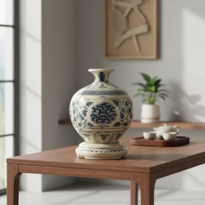 Góc cận cảnh Bảo Bình Sứ Vẽ Lam Hoa Mẫu Đơn, tậ...