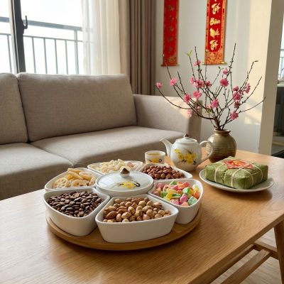 Cận cảnh khay mứt sứ Bát Tràng họa tiết mai vàn...