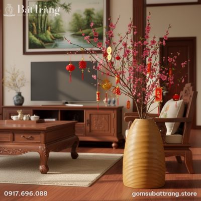 Bình Hoa Dáng Chuông Màu Nâu Vàng Vân Sọc Bát Tràng ST-BH02