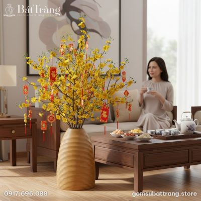 Kích thước Bình Hoa Dáng Chuông Màu Nâu Vàng Vân Sọc Bát Tràng ST-BH02