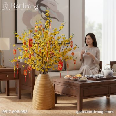 bình hoa gốm Bát Tràng dáng chuông nâu vàng vân...