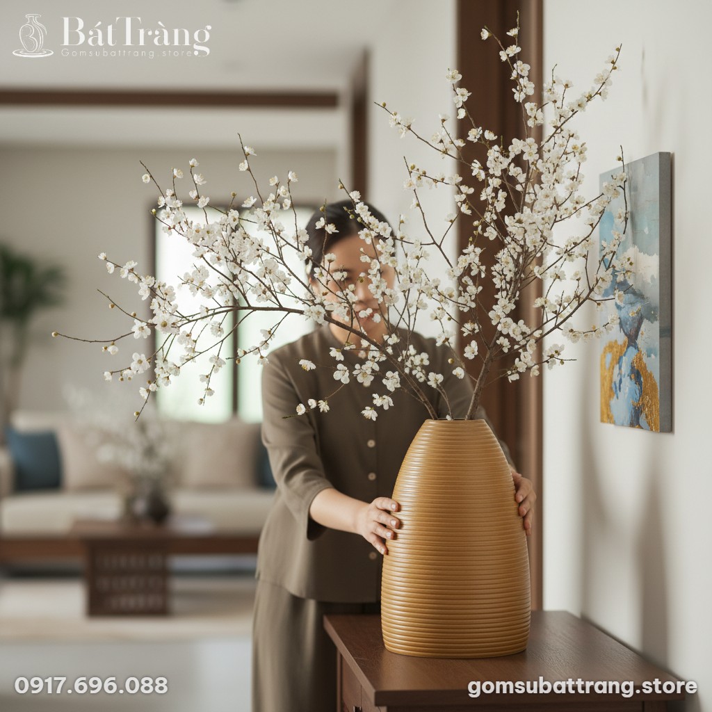 cận cảnh bình hoa gốm Bát Tràng dáng chuông nâu...