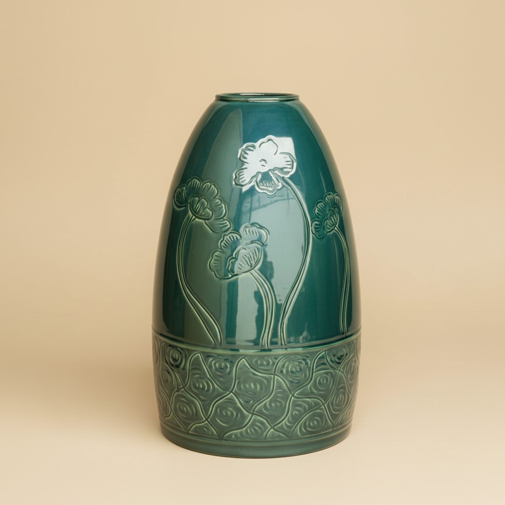 Bình Hoa Dáng Chuông Men Xanh Lục Họa Tiết Hoa Lá ST-BH03