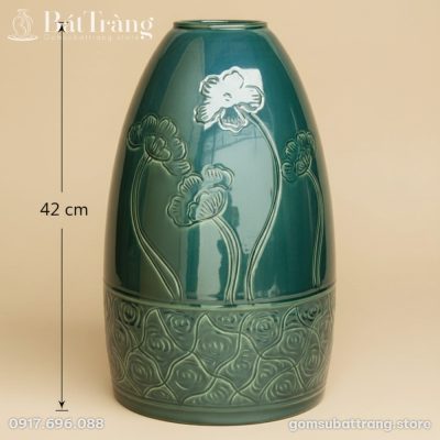 Kích thước Bình Hoa Dáng Chuông Men Xanh Lục Họa Tiết Hoa Lá ST-BH03
