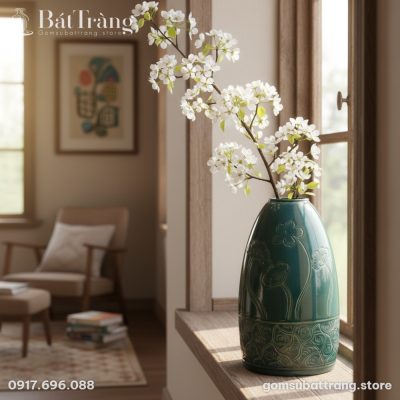 Bình hoa gốm Bát Tràng men xanh lục 42cm cắm và...