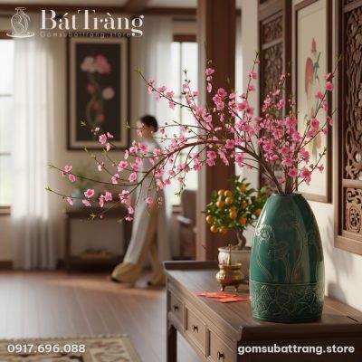 Cận cảnh Bình hoa dáng chuông men xanh lục, một...