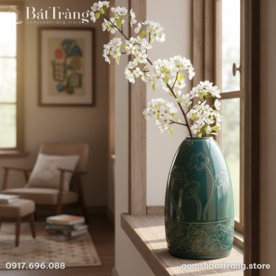 cận cảnh bình hoa gốm Bát Tràng men xanh lục 42...