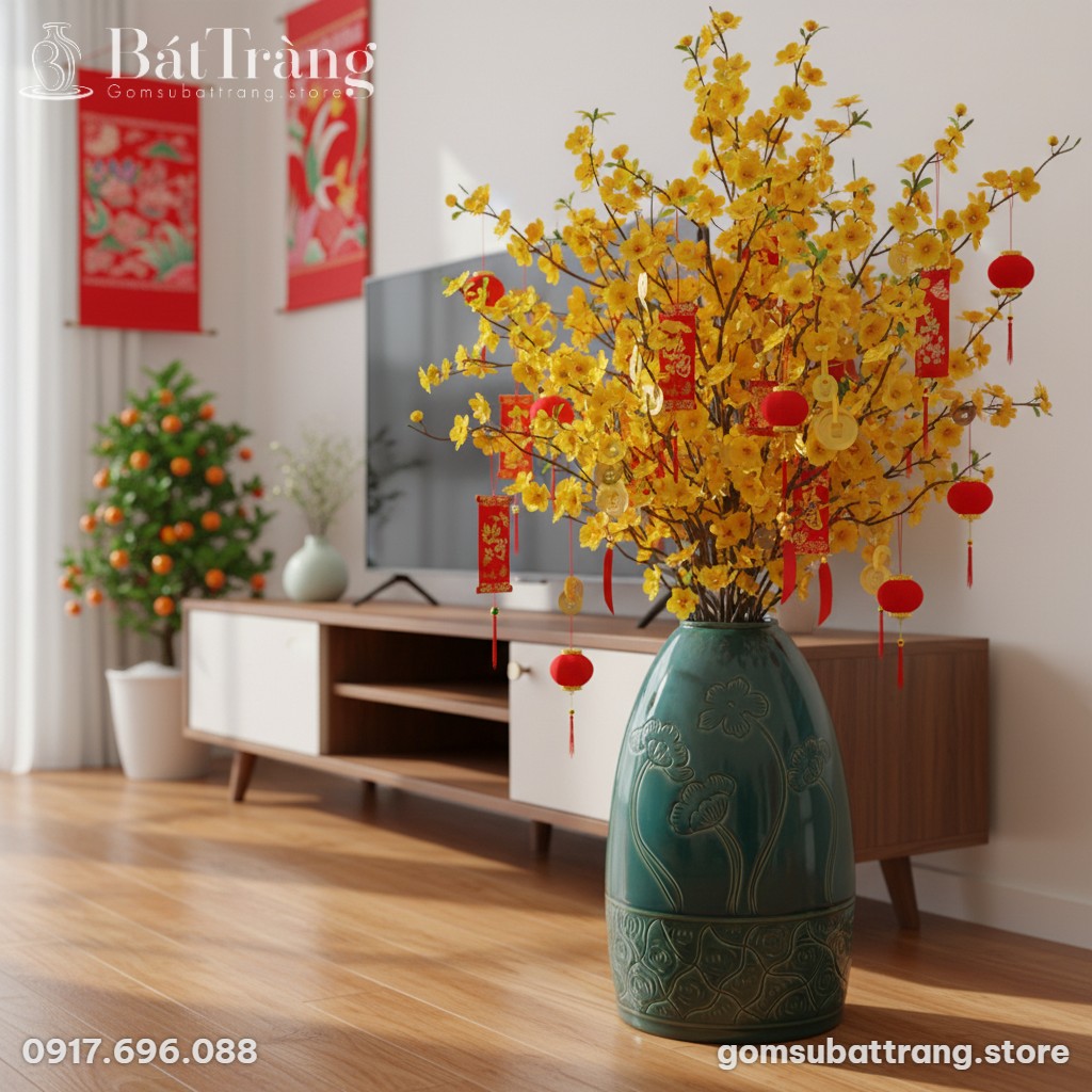 Cận cảnh bình hoa gốm Bát Tràng men xanh lục 42...