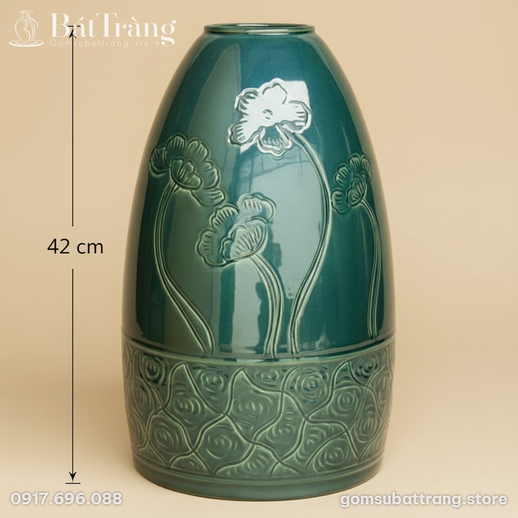 Kích thước Bình Hoa Dáng Chuông Men Xanh Lục Họa Tiết Hoa Lá ST-BH03