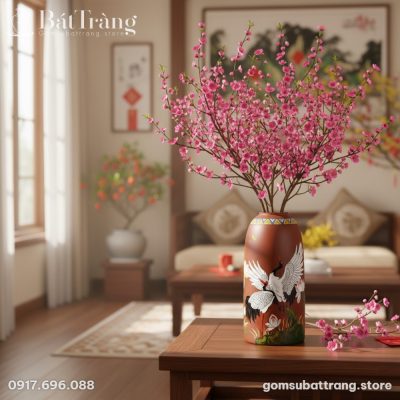 Bình Hoa Gốm Dáng Chuông Vẽ Sen Hạc Bát Tràng ST-BH04