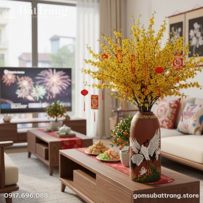 Cận cảnh Bình hoa gốm Bát Tràng dáng chuông vẽ ...