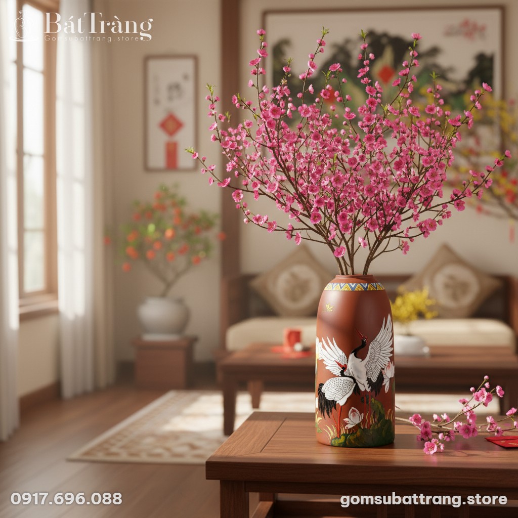 Cận cảnh Bình hoa gốm Bát Tràng dáng chuông vẽ ...