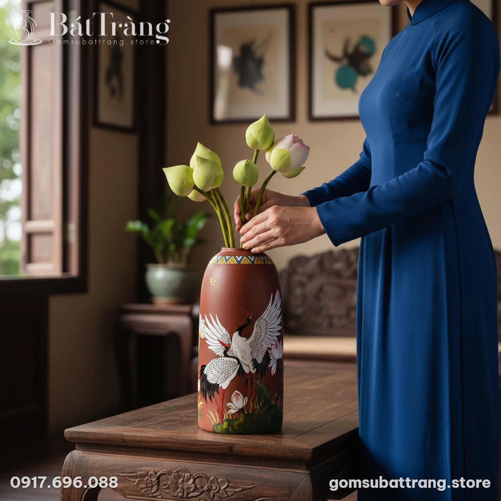 Một người phụ nữ mặc áo dài xanh lam đang nhẹ n...