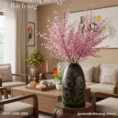 Một lọ hoa gốm Bát Tràng dáng chuông 48cm với h...