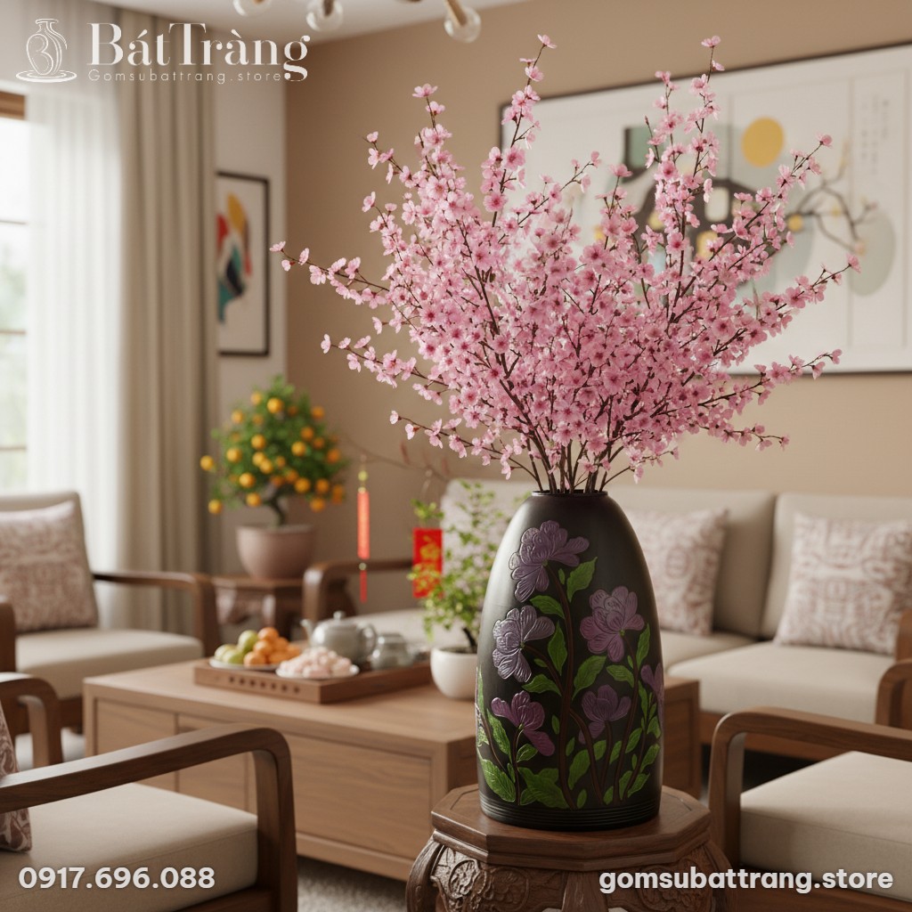 cận cảnh Lọ hoa dáng chuông Bát Tràng họa tiết ...