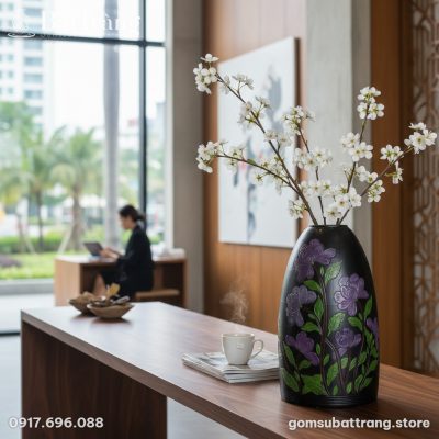 cận cảnh lọ hoa gốm Bát Tràng dáng chuông 48cm ...