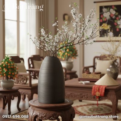 Lọ Hoa Dáng Chuông Vân Sọc Men Đen Bát Tràng ST-BH01