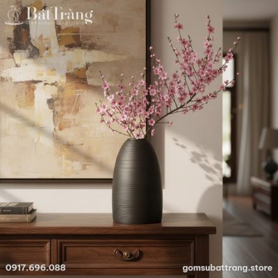 Kích thước Lọ Hoa Dáng Chuông Vân Sọc Men Đen Bát Tràng ST-BH01