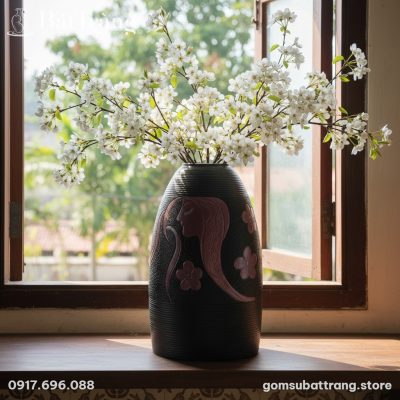 cận cảnh Lọ hoa gốm Bát Tràng 48cm họa tiết nàn...