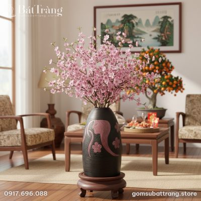 cận cảnh Lọ hoa gốm Bát Tràng 48cm họa tiết nàn...