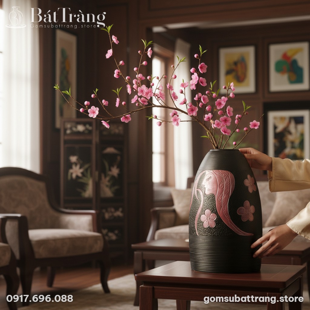 cận cảnh lọ hoa gốm Bát Tràng 48cm họa tiết nàn...