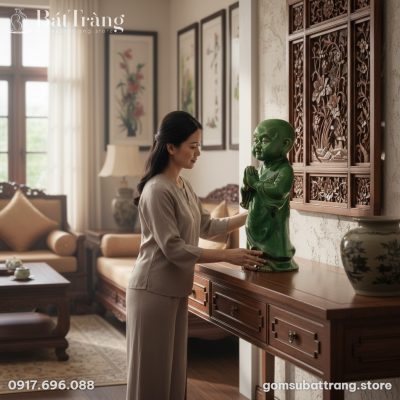 cận cảnh bức tượng Tiểu Sư chắp tay men xanh ng...