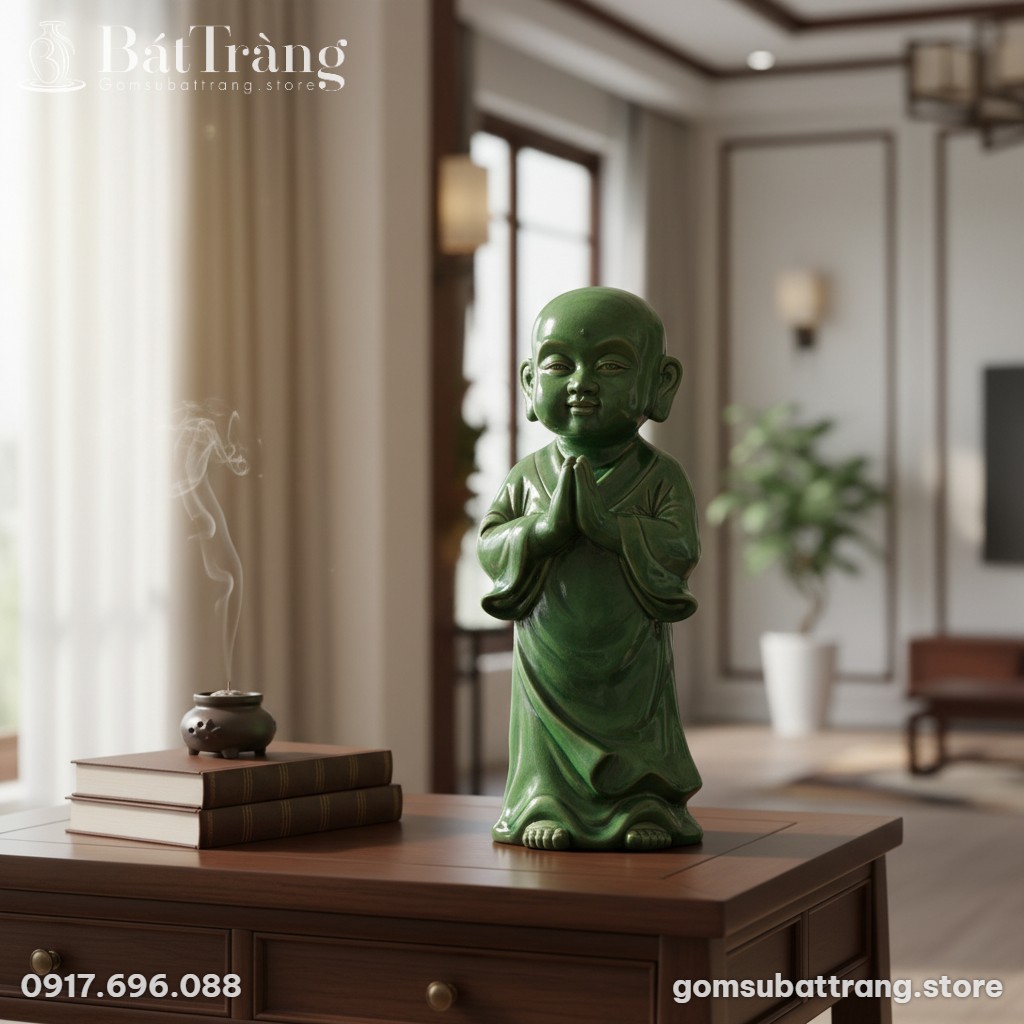 cận cảnh bức tượng Tiểu Sư chắp tay men xanh ng...