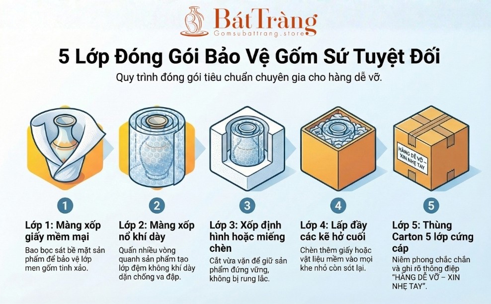 5 lớp đóng gói gốm sứ Bát Tràng