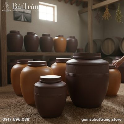 cận cảnh Một dãy chum sành ngâm rượu Bát Tràng ...