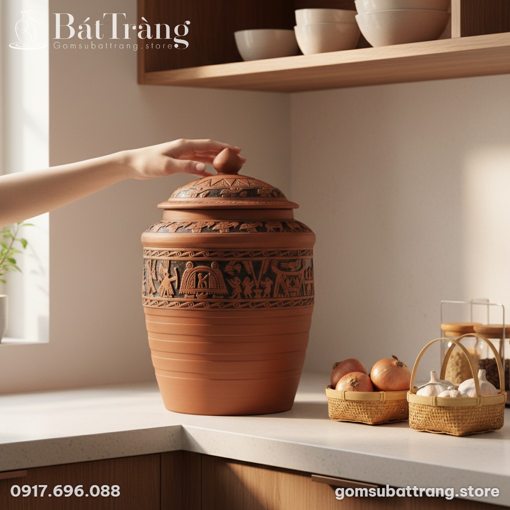 cận cảnh hũ gạo gốm Đông Sơn ST-HG02 . Hũ gạo c...