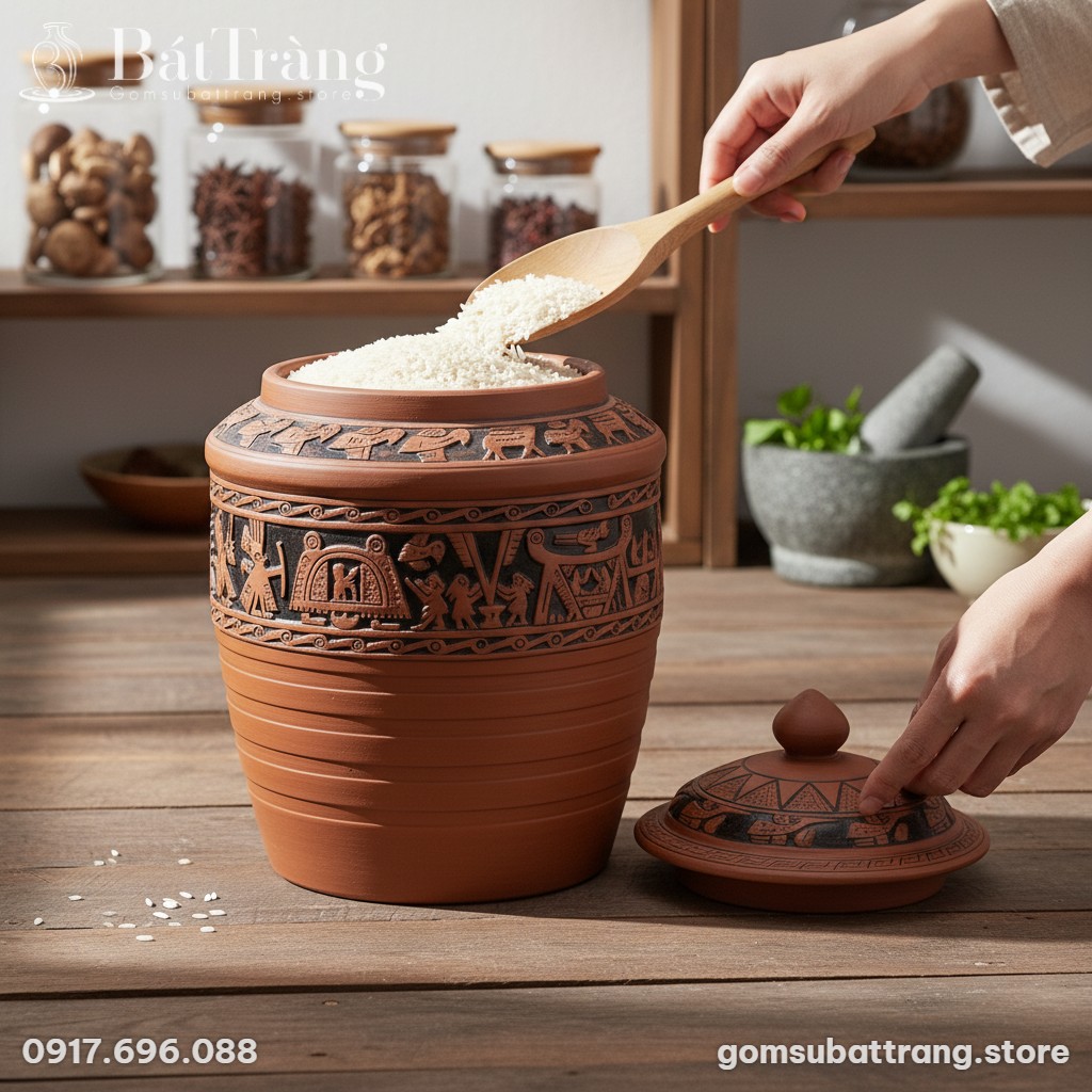 cận cảnh Hũ gạo gốm Đông Sơn ST-HG02 kích thước...