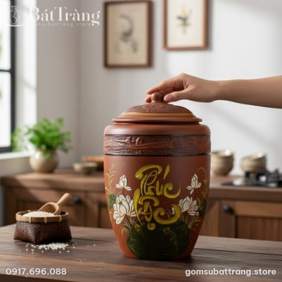 Hũ gạo gốm Phúc Lộc hoa sen đặt trang trọng trê...