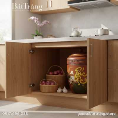 Cận cảnh hũ gạo gốm Bát Tràng với họa tiết chữ ...