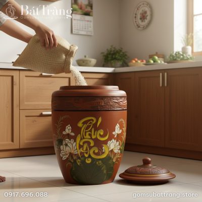 cận cảnh Hũ gạo gốm Phúc Lộc kích thước rất lớn...