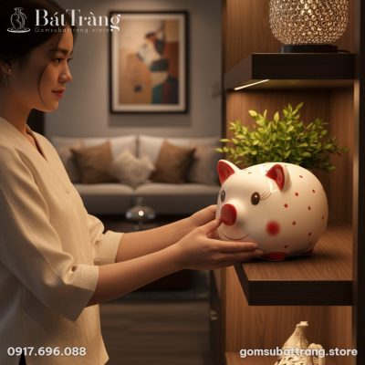 Lợn Đất Tiết Kiệm Chấm Bi Tai Đỏ Bát Tràng ST-HD01