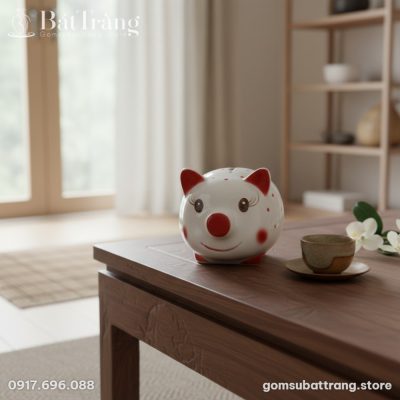 Chú lợn đất Bát Tràng chấm bi tai đỏ đặt trên b...