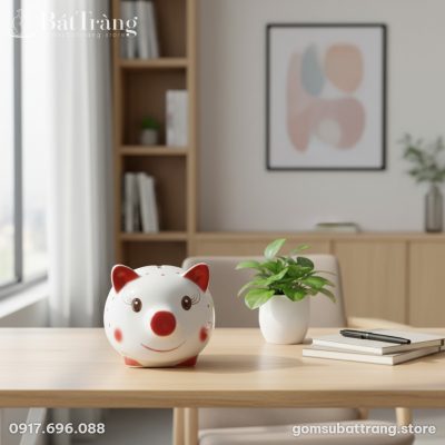 Chú lợn đất Bát Tràng chấm bi tai đỏ đặt trên b...