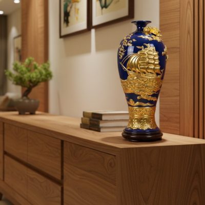 Mai bình Thuận Buồm Xuôi Gió dát vàng màu xanh coban ST-MB01