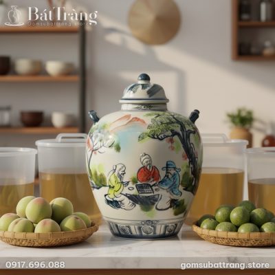 Chiếc vò rượu Bát Tràng lớn đặt trang trọng trê...