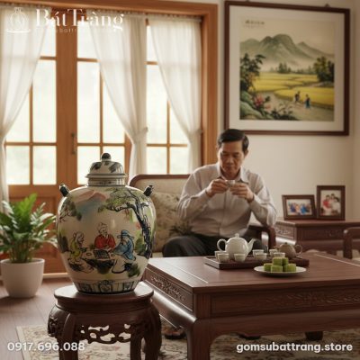 Cận cảnh vò rượu Bát Tràng lớn đặt trên đôn gỗ ...