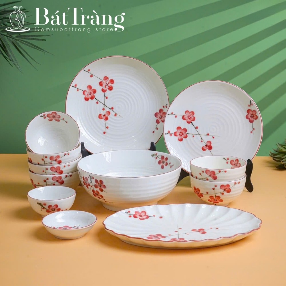 Bát đĩa sứ trắng vẽ đào