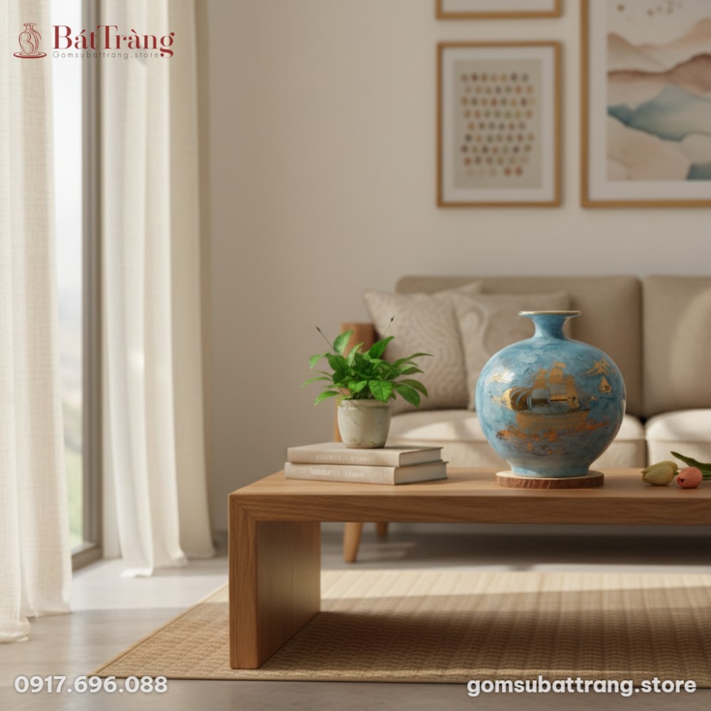 Bình hút lộc gốm sứ Bát Tràng vân đá xanh dương...