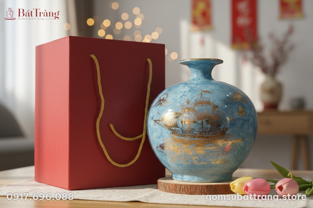 Cận cảnh bình hút lộc gốm sứ Bát Tràng vân đá x...