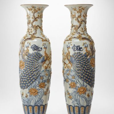 Cặp lục bình họa tiết Công Đào Men rạn đắp nổi Bát Tràng ST-LB01