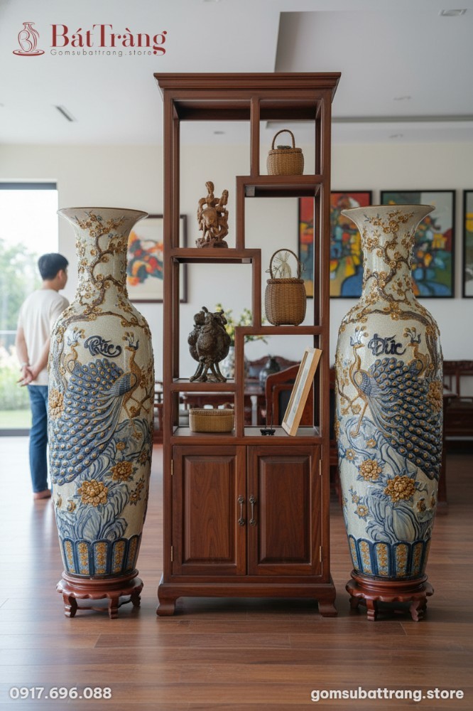 Cặp lục bình Bát Tràng men rạn họa tiết công đà...