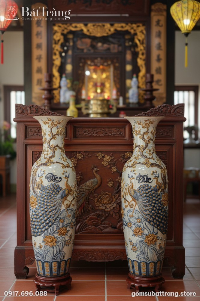 Ảnh cận cảnh tinh tế cặp lục bình Bát Tràng men...